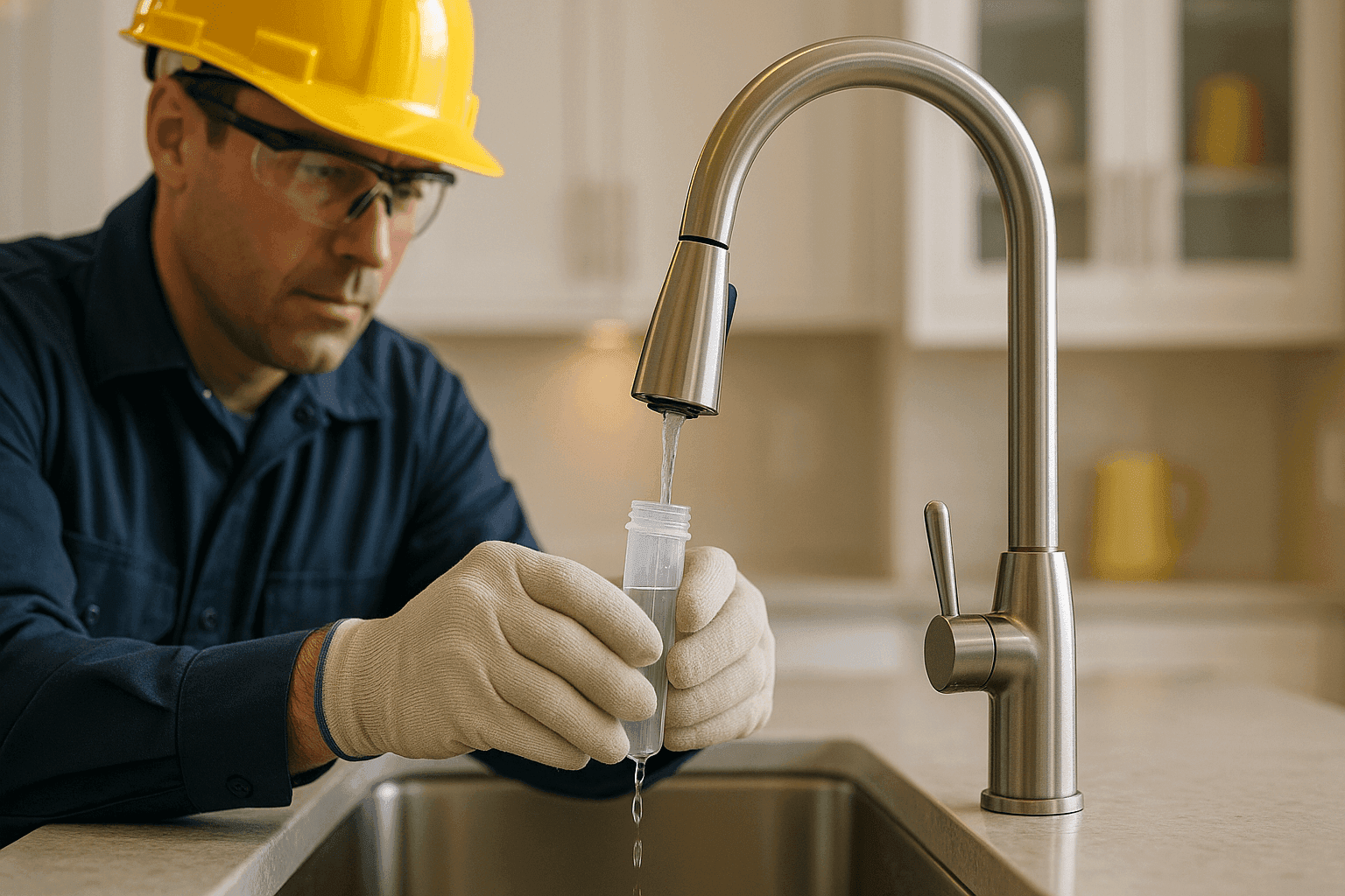 Plumber testing water quality from kitchen faucet